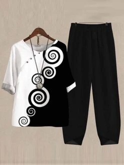 Women's 2 Piece Loungewear Sets Linen Breathable Crew Neck Half Sleeve T Shirt And Wide Leg Pants Animal Cat Print Fashion Casual Street Summer Spring Black Yellow S 6XL