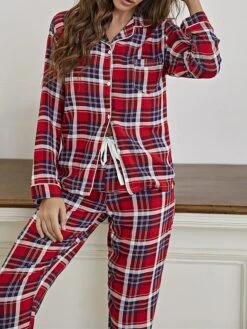 Women's Loungewear Sets Grid / Plaid Fashion Comfort Soft Xmas Home Christmas Daily Cotton Breathable Lapel Long Sleeve Shirt Pant Button Elastic Waist Fall Winter Red -Deals The Sexy Bra Store jsyihh1695281891258