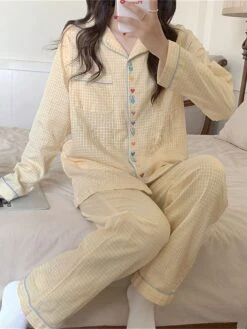 Women's Loungewear Sets Heart Grid / Plaid Fashion Comfort Soft Home Daily Bed Cotton Breathable Lapel Long Sleeve Shirt Pant Button Pocket Fall Winter Yellow