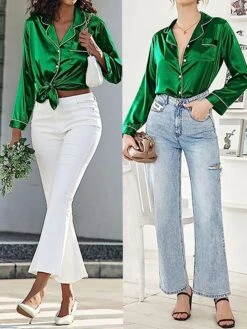 Women's Satin Silk Lounge Sets Satin Pajama Sets Pure Color Fashion Casual Comfort Home Daily Bed Satin Breathable Lapel Long Sleeve Shirt Pant Button Pocket Summer Fall Black White -Deals The Sexy Bra Store jujeyc1689596450915