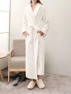 Women's Pajamas Robe Bathrobe Pure Color Plush Casual Comfort Home Daily Bed Polyester Warm V Wire Long Sleeve Fall Winter White Pink -Deals The Sexy Bra Store juyekw1695290556130