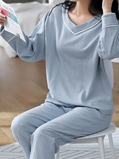 Women's Pajamas Sets Nighty Pjs 2 Pieces Pure Color Fashion Simple Comfort Home Daily Bed Cotton Breathable Gift V Wire Long Sleeve Pant Elastic Waist Fall Spring Green Blue -Deals The Sexy Bra Store jwcimc1640598862808