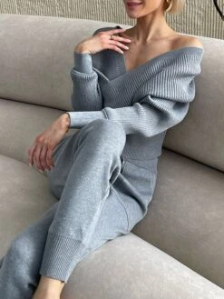 Women's Knitted Lounge Sets Pure Color Fashion Comfort Soft Street Daily Date Acrylic Breathable V Wire Long Sleeve Pant Summer Fall Black Pink -Deals The Sexy Bra Store jxgssh1690533198531