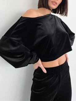 Women's Loungewear Sets Pure Color Warm Comfort Soft Home Daily Bed Velvet Warm Breathable Lapel Long Sleeve Crop Top Pant Fall Winter Black