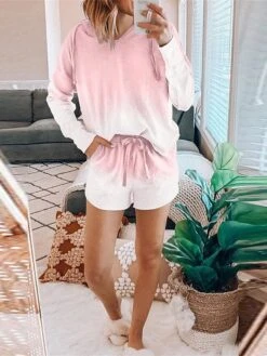 Women's Loungewear Sets Gradient Fashion Comfort Soft Home Daily Bed Polyester Breathable V Wire Long Sleeve Pullover Shorts Elastic Waist Summer Spring Pink Blue -Deals The Sexy Bra Store jxlnrv1694164420702