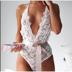 Women'S Sexy Lace Embroidered Deep V Backless Cutout Onesie