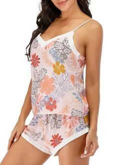 Women's Pajamas Pajama Top And Pant Sets Flower Leaves Fashion Casual Soft Home Daily Bed Lace Breathable Straps Sleeveless Strap Top Shorts Summer Spring Light Pink Yellow -Deals The Sexy Bra Store jybiyj1681464652483