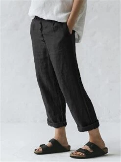 Women's Loungewear Pants Button Baggy Trousers Pure Color Fashion Simple Casual Street Cotton And Linen Breathable With Pockets Elastic Waist Summer Spring Black Navy Blue