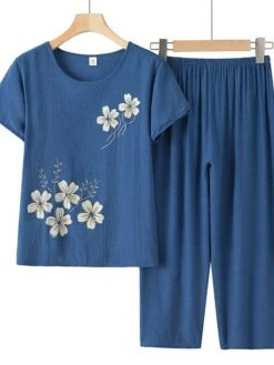 Women's 2 Piece Loungewear Sets Polyester Breathable Crew Neck Short Sleeve T-shirt And Wide Leg Elastic Waist Pants Flower Print Fashion Casual Comfort Street Daily Date Summer Spring Pink Blue 4XL -Deals The Sexy Bra Store jywlwl1681882213084