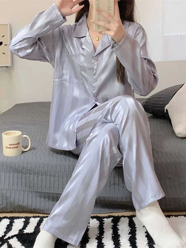 Women's Loungewear Sets 2 Pieces Stripe Fashion Casual Comfort Street Daily Date Silk Breathable Lapel Long Sleeve Pant Button Pocket Summer Fall Black White 12 Women's Loungewear Sets 2 Pieces Stripe Fashion Casual Comfort Street Daily Date Silk Breathable Lapel Long Sleeve Pant Button Pocket Summer Fall Black White - Image 12