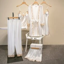 Women's Pajamas Robes Gown Nightgown Nighty 5 Pieces Pure Color Retro Comfort Xmas Home Christmas Daily Satin Breathable Gift V Wire Strap Top Pant Lace Up Backless Chest Pads Spring Fall White -Deals The Sexy Bra Store jztyis1640938640670