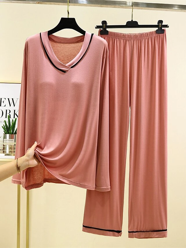 Women's Light Blue Pajamas Sets With Chest Pads Patchwork Casual Comfort Home Bed Modal Breathable V Wire Long Sleeve Shirt Pant Fall Winter Pink Blue 3 Women's Light Blue Pajamas Sets With Chest Pads Patchwork Casual Comfort Home Bed Modal Breathable V Wire Long Sleeve Shirt Pant Fall Winter Pink Blue - Image 3