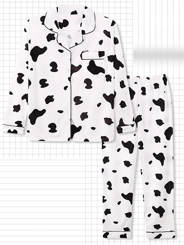 Women's Loungewear Sets Animal Grid / Plaid Fashion Comfort Soft Home Daily Bed Polyester Breathable Lapel Long Sleeve Shirt Pant Button Pocket Fall Winter White Cow Pink Cow 2 Women's Loungewear Sets Animal Grid / Plaid Fashion Comfort Soft Home Daily Bed Polyester Breathable Lapel Long Sleeve Shirt Pant Button Pocket Fall Winter White Cow Pink Cow - Image 2