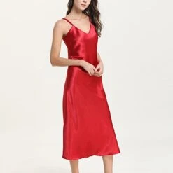 Women‘s Christmas Pajamas Nightgown Nighty Pjs Pure Color Simple Hot Comfort Party HomeXmas Daily Satin Gift V Wire Sleeveless Backless Spring Summer Claret Lotus Root Starch / Silk