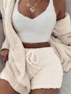 Women's Loungewear Sets 3 Pieces Pure Color Sport Plush Casual Home Daily Bed Cotton Blend Breathable V Wire Long Sleeve Shorts Elastic Waist Fall Winter Pink Purple -Deals The Sexy Bra Store kbtqhl1697189060869