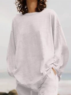 Women's Plus Size Loungewear Sets 2 Pieces Pure Color Fashion Casual Comfort Street Daily Date Cotton Breathable Crew Neck Long Sleeve Pant Summer Fall White Yellow -Deals The Sexy Bra Store kcnitd1689326424551