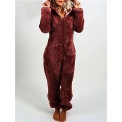 Women's Onesie Pajama For Adult Pure Color Warm Fashion Plush Home Daily BedWarm Hoodie Long Sleeve Fall Winter Wine Purple