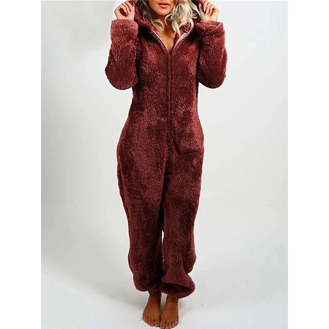 Women's Onesie Pajama For Adult Pure Color Warm Fashion Plush Home Daily BedWarm Hoodie Long Sleeve Fall Winter Wine Purple 1 Women's Onesie Pajama For Adult Pure Color Warm Fashion Plush Home Daily BedWarm Hoodie Long Sleeve Fall Winter Wine Purple