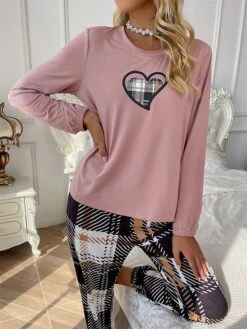 Women's Loungewear Sets Heart Grid / Plaid Simple Casual Comfort Home Daily Bed Polyester Breathable Crew Neck Long Sleeve T Shirt Tee Pant Fall Winter Lotus Pink 11 Women's Loungewear Sets Heart Grid / Plaid Simple Casual Comfort Home Daily Bed Polyester Breathable Crew Neck Long Sleeve T Shirt Tee Pant Fall Winter Lotus Pink -Deals The Sexy Bra Store kdelsa1696751785371