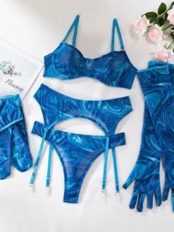 Women's Sexy Lingerie Sets 5 Pieces Pure Color Lovers Hot Home Bed Date Polyester Breathable Straps Sleeveless Backless Summer Spring Black Blue -Deals The Sexy Bra Store kdgimk1695712958422