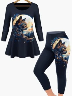 Women's Petite Sets 2 Pieces Cat Casual Comfort Home Daily Polyester Breathable Crew Neck Long Sleeve Pullover Pant Summer Spring Black Navy Blue