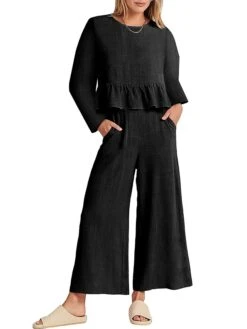 Women's Loungewear Sets Pure Color Casual Comfort Soft Street Daily Vacation Polyester Breathable Crew Neck Long Sleeve Pant Pocket Summer Fall Black Army Green -Deals The Sexy Bra Store kdtcao1691133282006