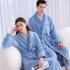 Couple‘s Flannel Bathrobe Pajamas Patchwork Warm Simple Plush Home Bed Warm Breathable V Wire Long Sleeve Pocket Fall Winter