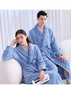 Couple‘s Flannel Bathrobe Pajamas Patchwork Warm Simple Plush Home Bed Warm Breathable V Wire Long Sleeve Pocket Fall Winter