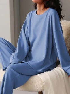 Women's Loungewear Sets Pure Color Fashion Casual Comfort Street Daily Going Out Cotton Breathable Crew Neck Long Sleeve Pant Summer Fall Blue Green -Deals The Sexy Bra Store kfaizu1693300608437