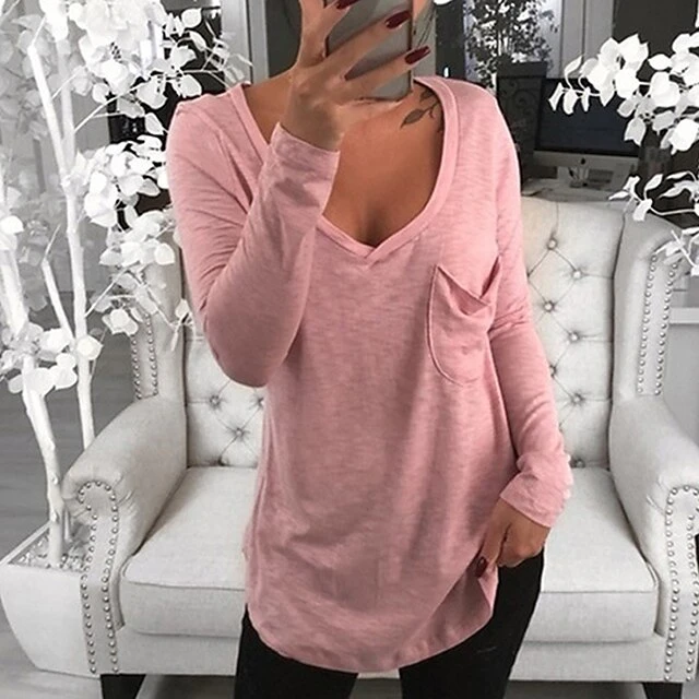 Women's Plus Size Loungewear Top Nighty Pure Color Basic Simple Comfort Home Daily Cotton V Wire Long Sleeve Pocket Spring Fall White Black 4 Women's Plus Size Loungewear Top Nighty Pure Color Basic Simple Comfort Home Daily Cotton V Wire Long Sleeve Pocket Spring Fall White Black - Image 4