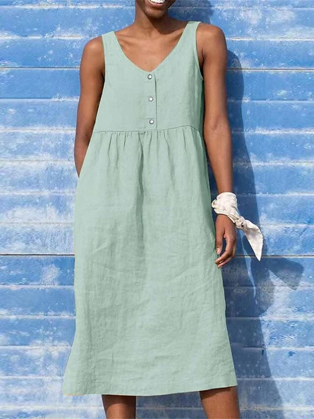 Women's Loungewear Nightshirt Dress Pure Color Fashion Comfort Soft Home Street Daily Linen Breathable V Wire Sleeveless Dress Button Pocket Summer Spring Black Yellow 2 Women's Loungewear Nightshirt Dress Pure Color Fashion Comfort Soft Home Street Daily Linen Breathable V Wire Sleeveless Dress Button Pocket Summer Spring Black Yellow - Image 2