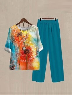 Women's 2 Piece Loungewear Sets Linen Breathable Crew Neck Half Sleeve T Shirt And Wide Leg Pants Animal Cat Print Fashion Casual Street Summer Spring Black Yellow S 6XL -Deals The Sexy Bra Store kgoegd1679973794663