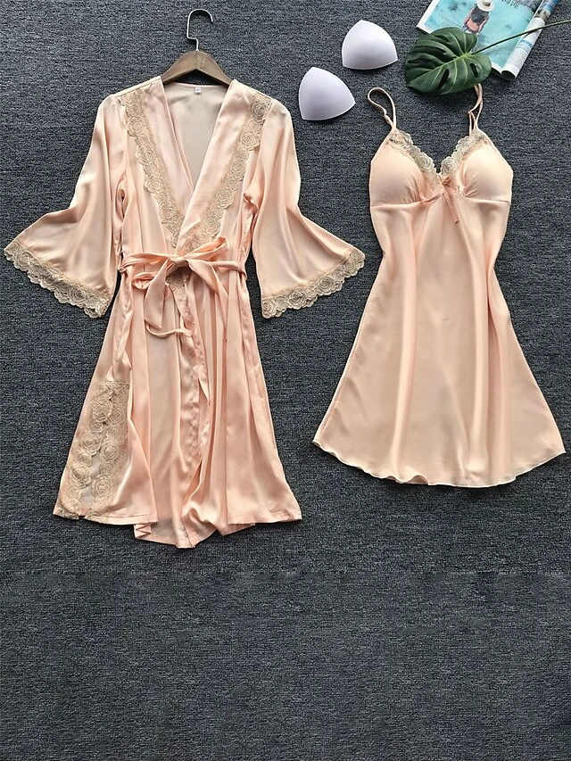 Women's Satin Silk Pajama Sets 2 Pieces Bathrobe Robes Gown Nightgown Pure Color Lovers Hot Comfort Home Daily Bed Satin Breathable V Wire Half Sleeve Summer Spring Silver Champagne 1 Women's Satin Silk Pajama Sets 2 Pieces Bathrobe Robes Gown Nightgown Pure Color Lovers Hot Comfort Home Daily Bed Satin Breathable V Wire Half Sleeve Summer Spring Silver Champagne