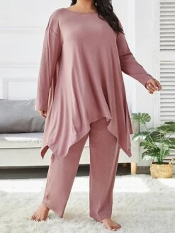 Women's Plus Size Loungewear Sets Pure Color Fashion Comfort Soft Home Daily Bed Polyester Breathable Crew Neck Long Sleeve Pullover Pant Fall Winter Dark Pink -Deals The Sexy Bra Store kibfqn1693986201905