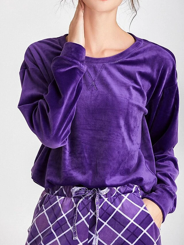 Women's Loungewear Sets Leopard Grid / Plaid Fashion Comfort Soft Home Christmas Street Polyester Warm Crew Neck Long Sleeve Hoodie Pant Pocket Fall Winter Camel Purple 9 Women's Loungewear Sets Leopard Grid / Plaid Fashion Comfort Soft Home Christmas Street Polyester Warm Crew Neck Long Sleeve Hoodie Pant Pocket Fall Winter Camel Purple - Image 9