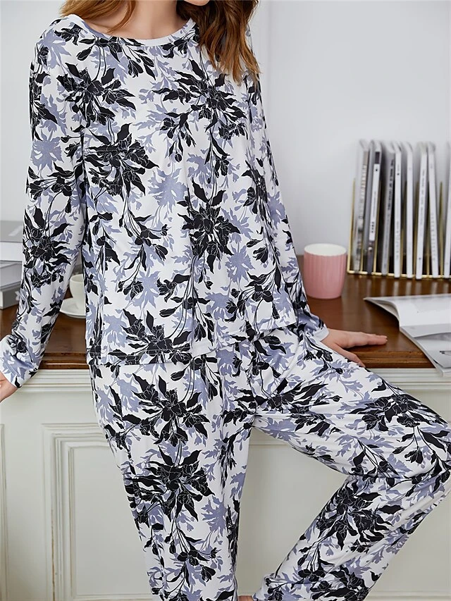 Women's Pajamas Sets Flower Fashion Casual Soft Home Daily Bed Polyester Breathable Crew Neck Long Sleeve T Shirt Tee Pant Summer Fall Black 5 Women's Pajamas Sets Flower Fashion Casual Soft Home Daily Bed Polyester Breathable Crew Neck Long Sleeve T Shirt Tee Pant Summer Fall Black - Image 5