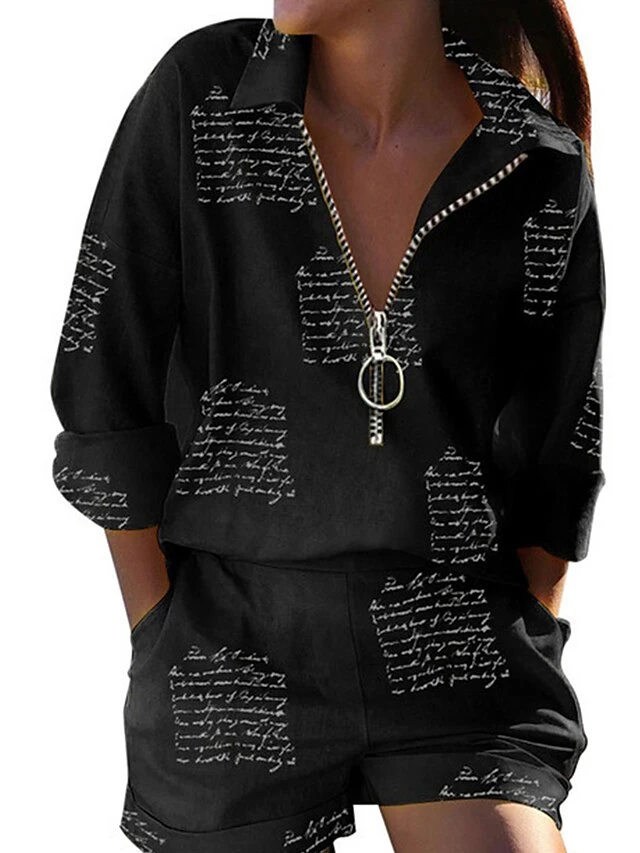 Women's Loungewear Sets Butterfly Letter Fashion Casual Street Date Airport Polyester Breathable Lapel Short Sleeve Shorts Summer Spring Black White 5 Women's Loungewear Sets Butterfly Letter Fashion Casual Street Date Airport Polyester Breathable Lapel Short Sleeve Shorts Summer Spring Black White - Image 5