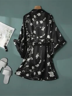 Women's Pajamas Bathrobe Robes Gown Flower Fashion Casual Comfort Home Daily Bed Satin Breathable V Wire Long Sleeve Summer Spring Black -Deals The Sexy Bra Store kkuvdt1679049379738