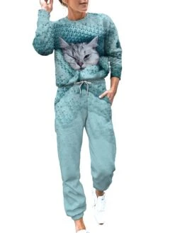 Women's Sweatsuit Tracksuits Sets Cat Dog Fashion Sport Simple Home Daily Polyester Long Sleeve Fall Winter Royal Blue Purple -Deals The Sexy Bra Store kkvtqb1692861957890