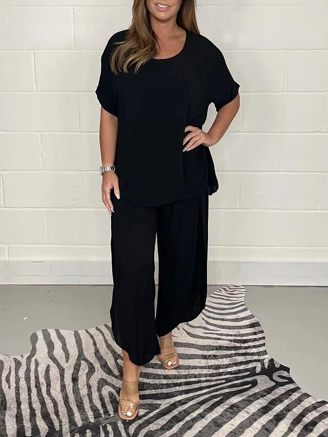 Women's Loungewear Sets Pure Color Basic Casual Comfort Home Daily Vacation Rayon Breathable Crew Neck Half Sleeve Shirt Pant Summer Spring Black Light Green 11 Women's Loungewear Sets Pure Color Basic Casual Comfort Home Daily Vacation Rayon Breathable Crew Neck Half Sleeve Shirt Pant Summer Spring Black Light Green - Image 11