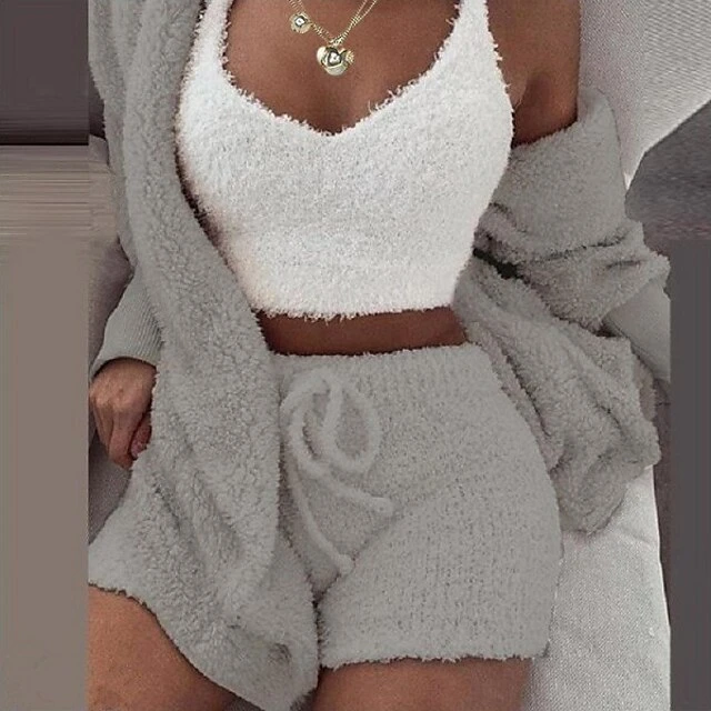 Women's Hooded Pajama Sets 3 Pieces Fluffy Fleece Long Sleeves Coat Shorts Vest For Winter Gift For Valentine's Day 17 Women's Hooded Pajama Sets 3 Pieces Fluffy Fleece Long Sleeves Coat Shorts Vest For Winter Gift For Valentine's Day - Image 17