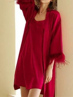 Women's Pajamas Robe Bathrobe Silk Robe Pure Color Fashion Comfort Soft Home Bed Wedding Party Xmas Satin Breathable V Wire Feather Fall Winter White Champagne