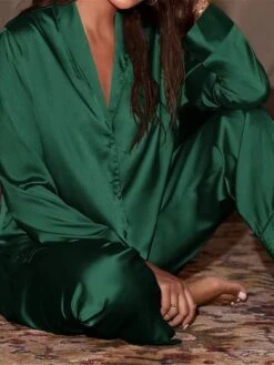 Women's Pajamas Sets Pure Color Fashion Casual Soft Wedding Party Satin Breathable Lapel Long Sleeve Shirt Pant Fall Winter Black Champagne -Deals The Sexy Bra Store kmetqf1692348349616