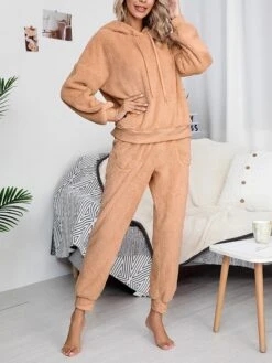Women's Loungewear Sets Pure Color Fashion Comfort Soft Home Daily Bed Polyester Breathable Hoodie Long Sleeve Hoodie Pant Pocket Fall Winter Pink Camel -Deals The Sexy Bra Store kmfauh1693467428208