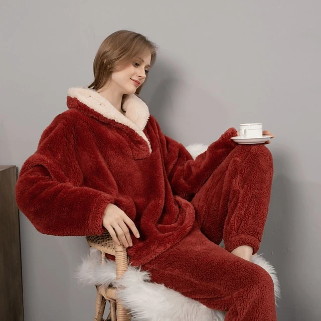 Women's Flannel Warm Pajamas Sets Nighty Pure Color Plush Fashion Comfort Home Christmas Vacation V Wire Long Sleeve Sweater Pant Elastic Waist Fall Winter Gray Purple / Lace Up 15 Women's Flannel Warm Pajamas Sets Nighty Pure Color Plush Fashion Comfort Home Christmas Vacation V Wire Long Sleeve Sweater Pant Elastic Waist Fall Winter Gray Purple / Lace Up - Image 15