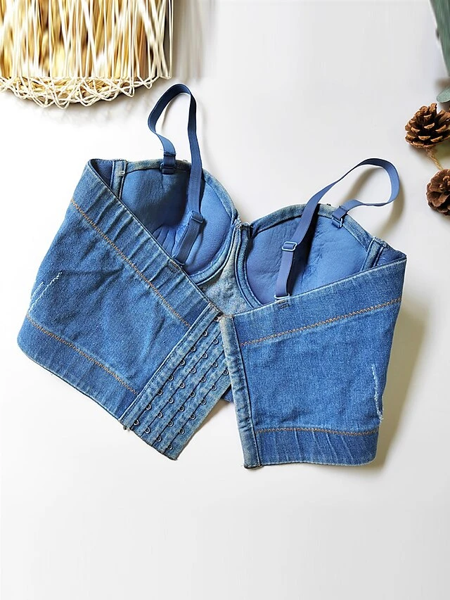 Women's Denim Corset Top Bustier Solid Fashion Bar Vacation Breathable Straps Sleeveless Backless Summer Spring Black Blue 5 Women's Denim Corset Top Bustier Solid Fashion Bar Vacation Breathable Straps Sleeveless Backless Summer Spring Black Blue - Image 5