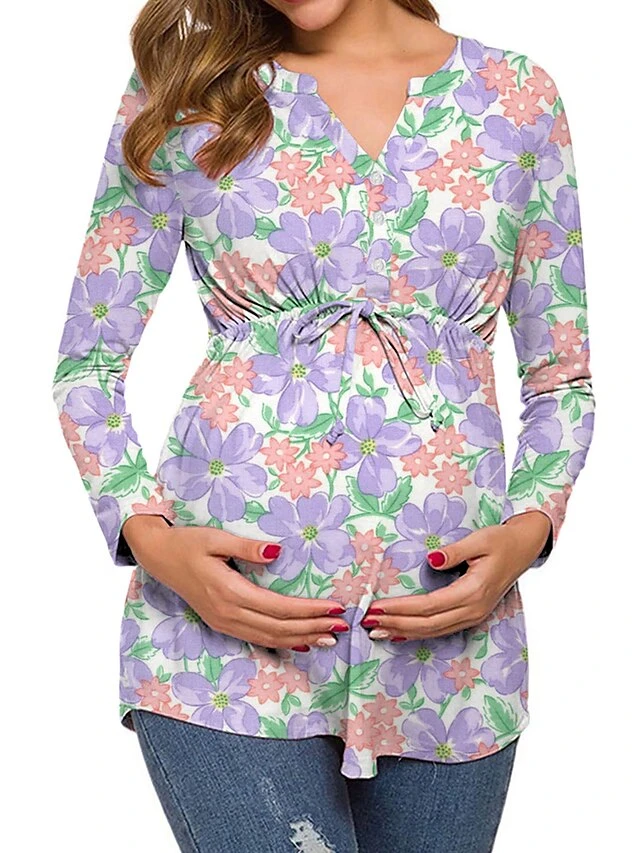 Women's Maternity Tops Pregnancy Shirts Floral Pattern Casual Comfort Pastoral Home Daily Vacation Cotton Breathable V Wire Long Sleeve Fall Winter White Light Green 10 Women's Maternity Tops Pregnancy Shirts Floral Pattern Casual Comfort Pastoral Home Daily Vacation Cotton Breathable V Wire Long Sleeve Fall Winter White Light Green - Image 10