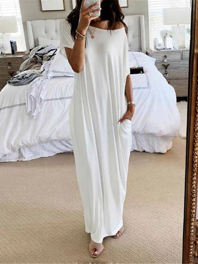 Women's Pajamas Nightgown Dress Pure Color Simple Casual Soft Home Daily Bed Polyester Breathable Short Sleeve Pocket Summer Spring Black White 2 Women's Pajamas Nightgown Dress Pure Color Simple Casual Soft Home Daily Bed Polyester Breathable Short Sleeve Pocket Summer Spring Black White - Image 2