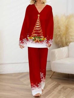 Women's Christmas Pajamas Sets Santa Claus Snowflake Warm Comfort Soft Home Christmas Daily Polyester Gift V Wire Long Sleeve Pant Fall Winter Wine Red