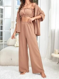 Women's Loungewear Sets 3 Pieces Pure Color Fashion Comfort Soft Home Daily Bed Polyester Breathable Lapel Long Sleeve Shirt Pant Button Pocket Fall Winter Lotus Pink -Deals The Sexy Bra Store kqdxmw1696232019929
